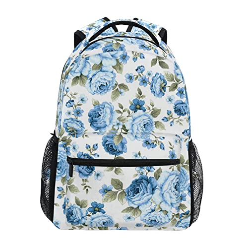 ALAZA Rose Blue Flower Floral Backpack Purse with Multiple Pockets Name Card Personalized Travel Laptop School Book Bag, Size M/16.9 inch