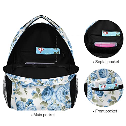 ALAZA Rose Blue Flower Floral Backpack Purse with Multiple Pockets Name Card Personalized Travel Laptop School Book Bag, Size M/16.9 inch