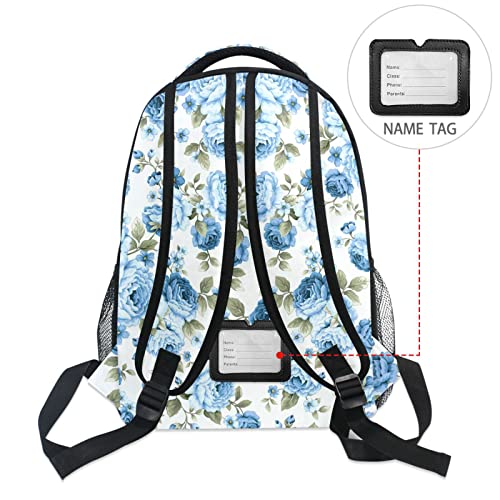 ALAZA Rose Blue Flower Floral Backpack Purse with Multiple Pockets Name Card Personalized Travel Laptop School Book Bag, Size M/16.9 inch