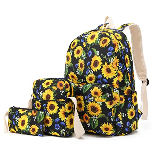 EZYCOK Laptop Backpack for Women, Water Resistant College Bookbag Casual Daypack with Sling Bag and Pencil Case, Sunflower