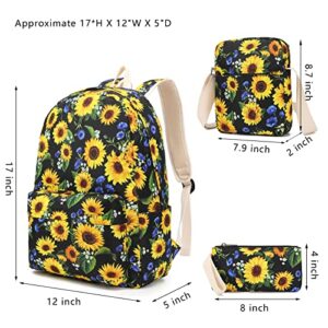 EZYCOK Laptop Backpack for Women, Water Resistant College Bookbag Casual Daypack with Sling Bag and Pencil Case, Sunflower