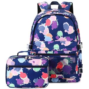 yusstar kids girls backpack lunch box set elementary school bag insulated lunchbox combo (color-block blue)