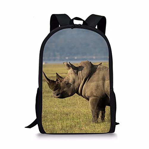 AmzPrint Rhino Animals Print 17 Inch Black Backpack For Teen Boys For High School Large Capacity School Bag