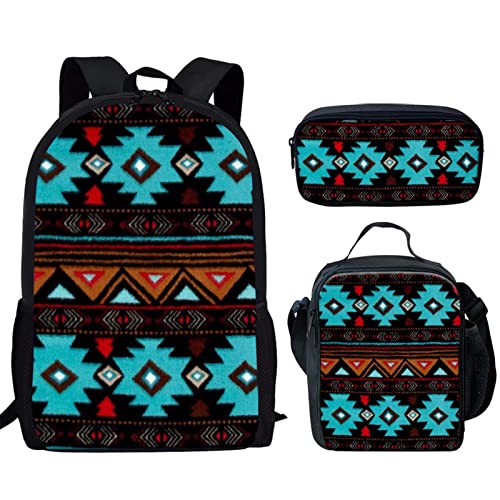 GLENLCWE Tribal Indian American Navajo Aztec Backpack with Lunch Bag Pencil Bag,Kids 3 in 1 Backpack Kit for Boys Girls