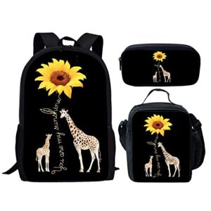 wellflyhom sunflower giraffe backpack purse for girls school bag lunch box cute bookbag with pencil case for kids boys primary miidle high students satchel rucksack travel daypack