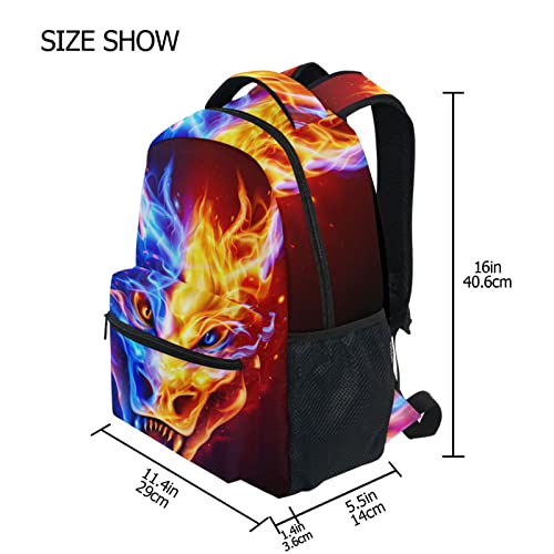 JIPONI Fire Dragon Head in Blue and Red Flame Backpack For Girls Boys, Student School Bag Bookbag Travel Laptop Backpack Purse Daypack