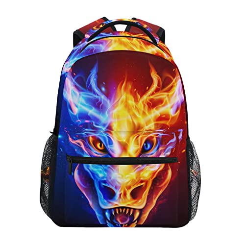 JIPONI Fire Dragon Head in Blue and Red Flame Backpack For Girls Boys, Student School Bag Bookbag Travel Laptop Backpack Purse Daypack