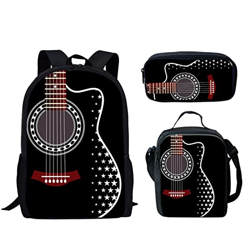 SCRAWLGOD Guitar Print 3 in 1 School Backpack Lunch Box Pencil Case Set for Boys Girls Shoulder Bookbag Schoolbag for College Student