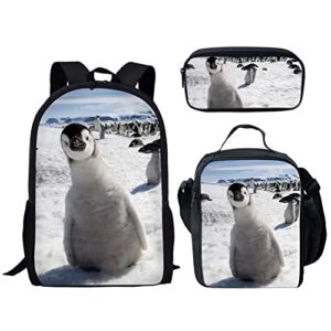 amzprint penguin backpack and lunch box set classic black shoulder school backpack reusable bag pencil case suit for teen boys