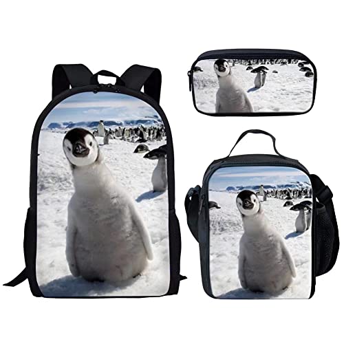 AmzPrint Penguin Backpack And Lunch Box Set Classic Black Shoulder School Backpack Reusable Bag Pencil Case Suit For Teen Boys