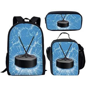 amzprint ice hockey 3 in 1 school backpack set 17 inch black shoulder student backpack insulated lunch box pencil bag set