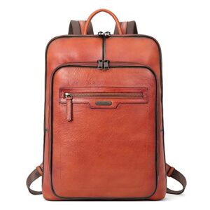 cluci vegetable tanned full grain leather 15.6 inch laptop backpack purse for women casual daypack travel backpack red-brown