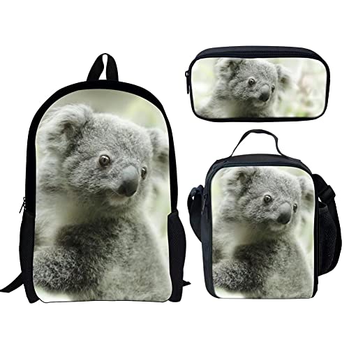 Allcute Personalized Koala Print Backpacks Set Bookbag with Lunch Bag Pencil Case for Boys & Girls