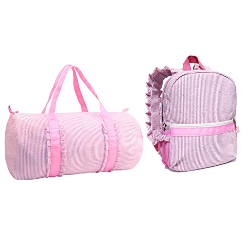 Kids Travel Overnight Bag Seersucker Weekender Duffel Bag Toddler Backpack Pink Mini Preschool for Boys and Girls