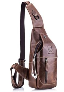 bullcaptain men leather sling chest bag outdoor travel shoulder crossbody bags hiking small backpack (brown)