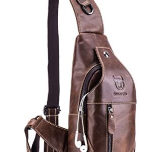 BULLCAPTAIN Men Leather Sling Chest Bag Outdoor Travel Shoulder Crossbody Bags Hiking Small Backpack (Brown)