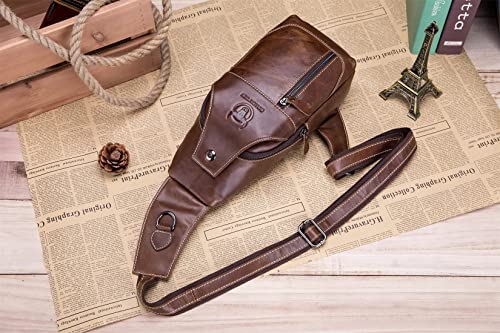 BULLCAPTAIN Men Leather Sling Chest Bag Outdoor Travel Shoulder Crossbody Bags Hiking Small Backpack (Brown)