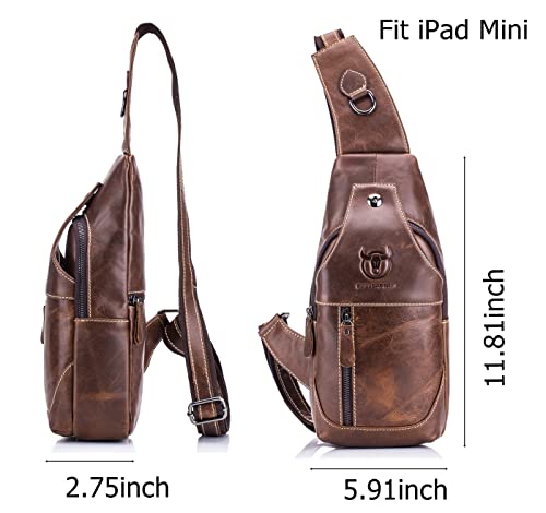 BULLCAPTAIN Men Leather Sling Chest Bag Outdoor Travel Shoulder Crossbody Bags Hiking Small Backpack (Brown)