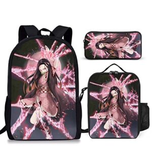 qtubzad unisex anime 3pcs backpack set,fashion design17 backpack with 3d print lunch bag pencil case for boys/girls