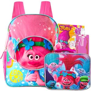 trolls backpack and lunch bag set - 16” trolls poppy backpack bundle with water pouch, stickers | trolls backpack for girls