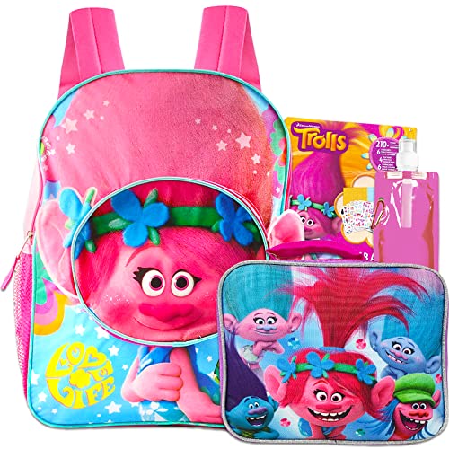 Trolls Backpack and Lunch Bag Set - 16” Trolls Poppy Backpack Bundle with Water Pouch, Stickers | Trolls Backpack for Girls