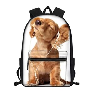 dog with headphones print backpack kids school bookbag comfortable travel daypack casual hiking bag