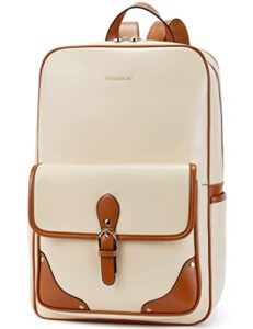 bostanten leather laptop backpack for women 15.6 inch computer bag stylish college daypack travel bag off-white with brown