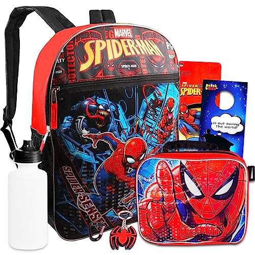 Marvel Spiderman Backpack with Lunch Box Set - Spiderman Backpack for Boys 4-6, Spiderman Lunch Box, Water Bottle, Stickers, More | Spiderman Backpack for Kids