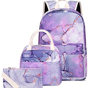 School Backpack for Girls Teens Bookbag Set Tie Dye Kids Backpack 3 In 1,School Bags with Lunch Box Pencil Case(Tie Dye Purple)