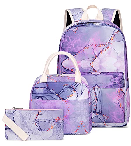 School Backpack for Girls Teens Bookbag Set Tie Dye Kids Backpack 3 In 1,School Bags with Lunch Box Pencil Case(Tie Dye Purple)