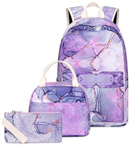 school backpack for girls teens bookbag set tie dye kids backpack 3 in 1,school bags with lunch box pencil case(tie dye purple)