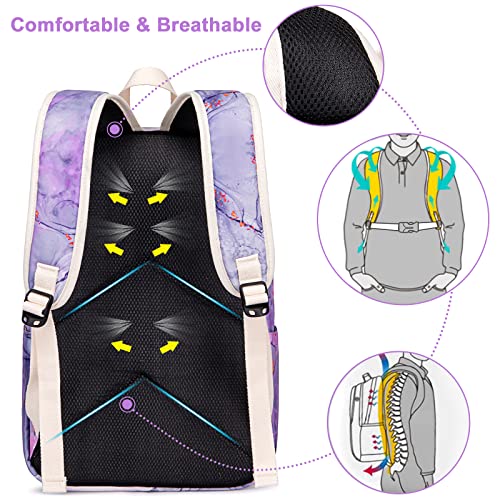 School Backpack for Girls Teens Bookbag Set Tie Dye Kids Backpack 3 In 1,School Bags with Lunch Box Pencil Case(Tie Dye Purple)