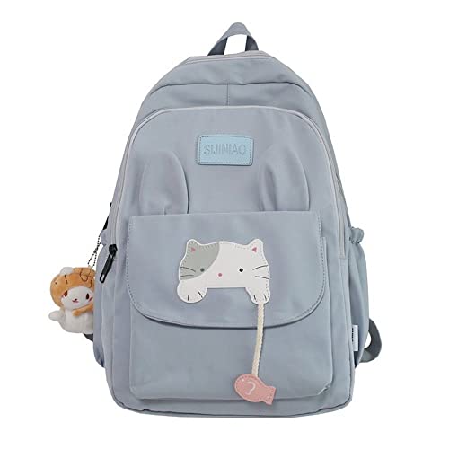 JHTPSLR Kawaii Backpack Japanese Cute Cat School Backpack with Plushies Aesthetic Backpack for Teen Girls Back to School Supplies (Blue)