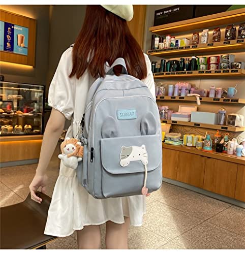 JHTPSLR Kawaii Backpack Japanese Cute Cat School Backpack with Plushies Aesthetic Backpack for Teen Girls Back to School Supplies (Blue)