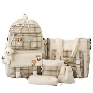 mordelar 5pcs canvas school backpack combo set with kawaii bear pendant cute pins plaid check handle shoulder tote bag schoolbag (khaki)