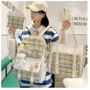 Mordelar 5Pcs Canvas School Backpack Combo Set with Kawaii Bear Pendant Cute Pins Plaid Check Handle Shoulder Tote Bag Schoolbag (Khaki)