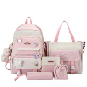 mordelar 5pcs kawaii cute backpacks combo set with bear pendant & pins - back to school supplies patchwork bunny daypack bag kit (pink)