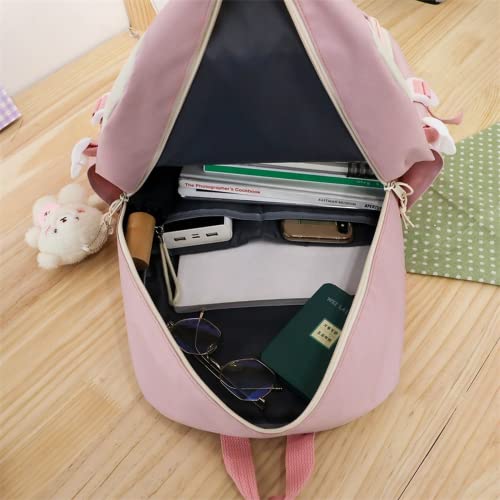 Mordelar 5Pcs Kawaii Cute Backpacks Combo Set with Bear Pendant & Pins - Back To School Supplies Patchwork Bunny Daypack Bag Kit (Pink)