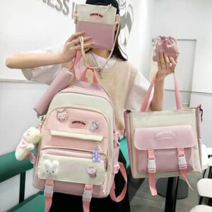 Mordelar 5Pcs Kawaii Cute Backpacks Combo Set with Bear Pendant & Pins - Back To School Supplies Patchwork Bunny Daypack Bag Kit (Pink)