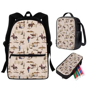 WELLFLYHOM 3 Pcs Western Cowboy School Bag Backpack Purse for Boys with Lunch Box Exotic Retro Horse Style School Bookbag Elementary Primary Kids Girls Bagpack Rucksack Small Pencil Case