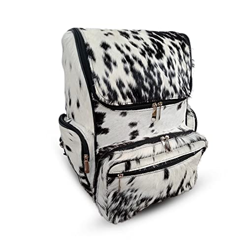 Cowhide Backpack Hair On | Fur Leather Diaper Backpack Rucksack / Knapsack Travel Shoulder Bag / Cow Skin Baby Bags (Black White Salt Pepper), 9'' D X 10.5'' W X 15'' H