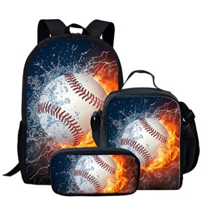 baxinh teen boys girls backpack set school bag bookbag with lunch box pen case 3 pcs, baseball water fire lightning