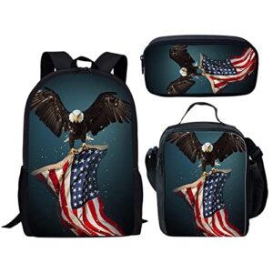 Poceacles Eagle American Flag Print School Backpack for Boys Girls, Kids Backpack Set 3 Pieces with Lunch Box Pencil Case, Blue