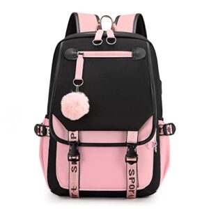 stylifeo teenage girls' backpack, middle school backpack students bookbag daypack for teen girls,with usb charge port (pink and black)