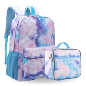 fenrici kids backpack and lunchbox bundle for girls, boys, teens (pastel tie dye)