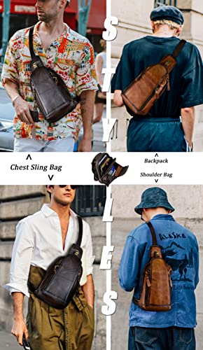 4YRBAGS Men's Sling Bag Backpack Casual Daypack for Men Leather Chest Bag Vintage Shoulder Bag (Coffee)