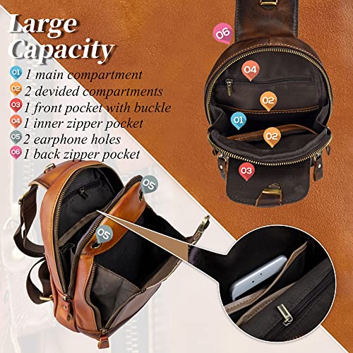 4YRBAGS Men's Sling Bag Backpack Casual Daypack for Men Leather Chest Bag Vintage Shoulder Bag (Coffee)