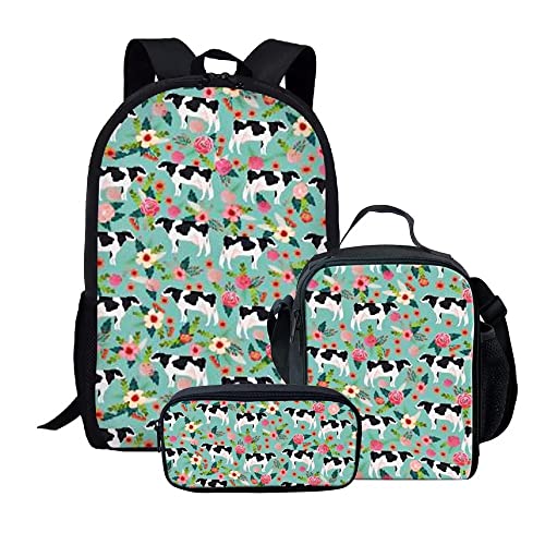 AmzPrint Vintage Cow Milk Print Girls Bookbag And Lunch Box School Pencil Bag Children Back To School Kawaii Backpack Set