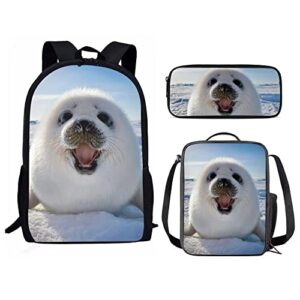 amzprint white seal backpack lunch box set with school pencil bag 3 in 1 fashion back to school kawaii backpack set
