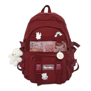 fomeex kawaii backpack with pins bear pendant cute aesthetic japanese school bags kawaii school supplies preppy korean stationary (wein red), one size